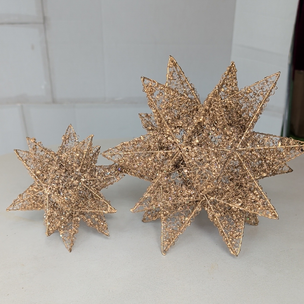 Lot Of 2 Elegant Gold Glitter Metal 18 Point Star Holiday Decor Shiny Sturdy